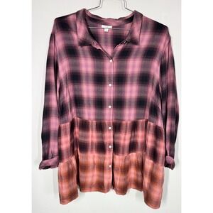J.Jill Purple Pink‎ Ombre Plaid Flannel Tunic Tiered Button Front Shirt Size 4XL